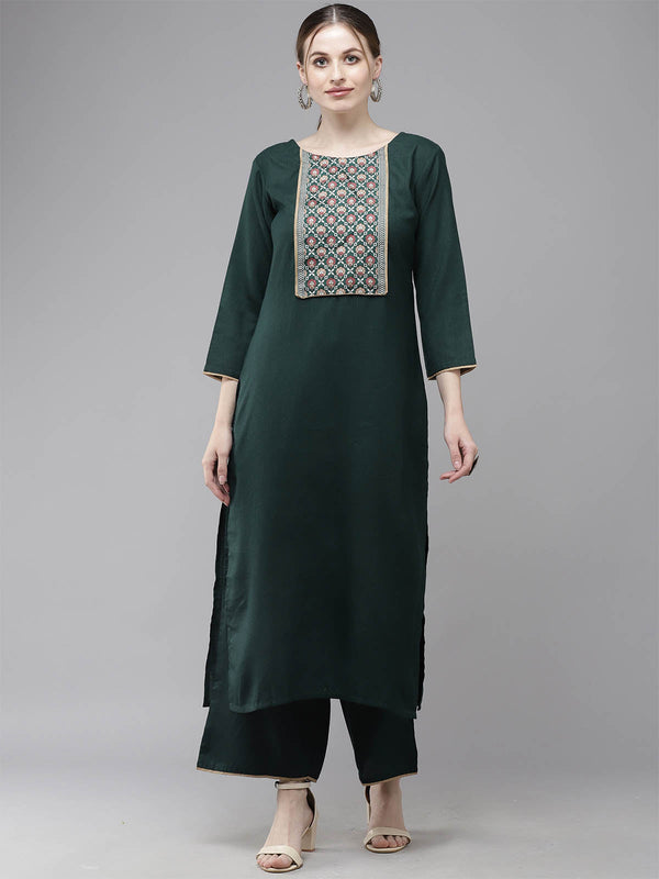 Women's Green Yoke Design Straight Kurta Set - Odette