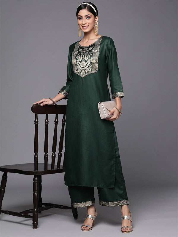 Women's Solid Green Straight Kurta Palazzo Set - Odette