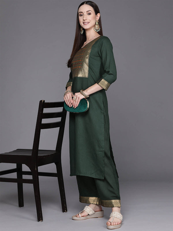 Women's Solid Green Straight Kurta Palazzo Set - Odette