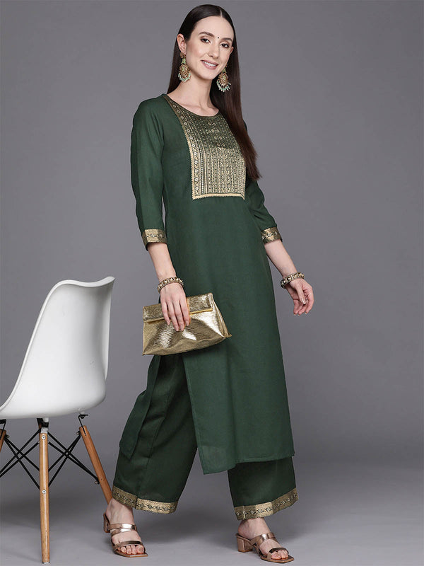 Women's Solid Green Straight Kurta Palazzo Set - Odette