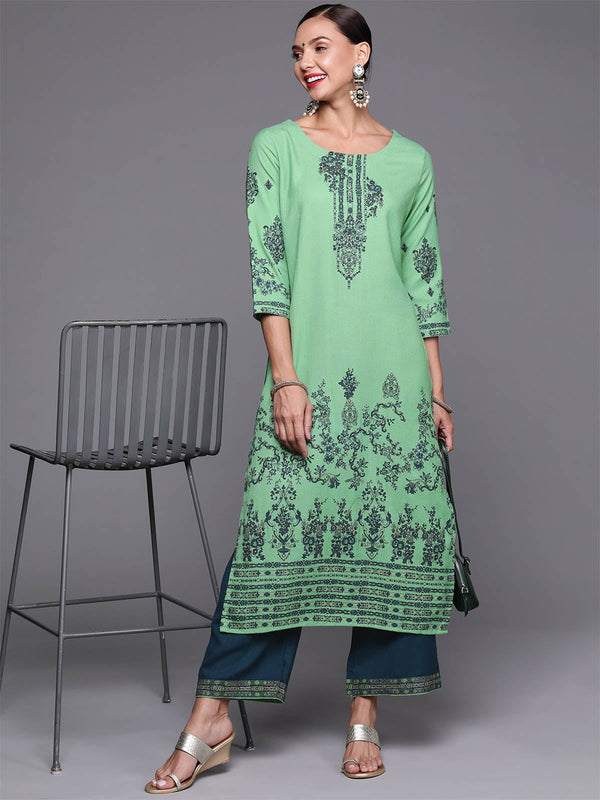 Women's Green Foil Printed Straight Kurta With Palazzo Set - Odette