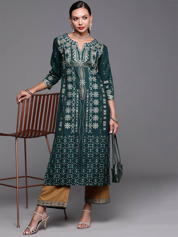 Women's Green Foil Printed Straight Kurta With Palazzo Set - Odette