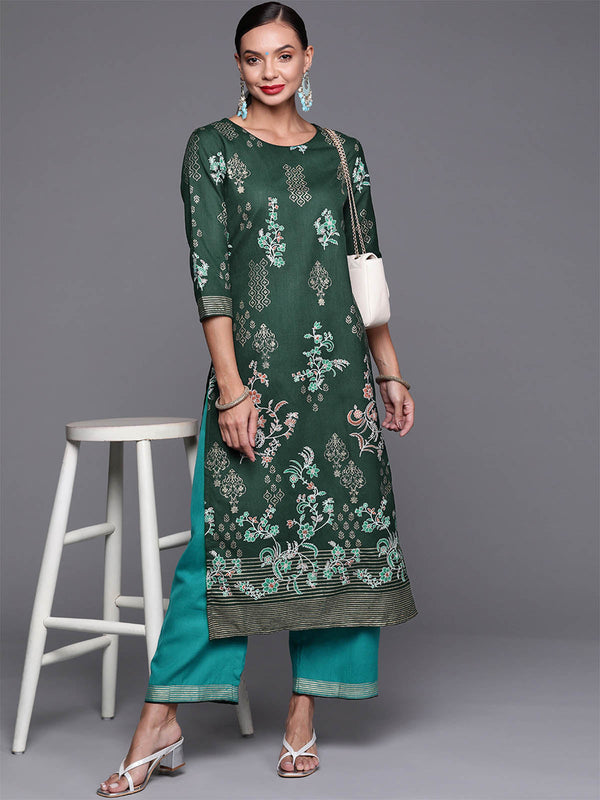 Women's Green Foil Printed Straight Kurta With Palazzo Set - Odette