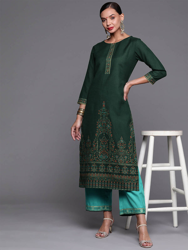 Women's Green Foil Printed Straight Kurta With Palazzo Set - Odette