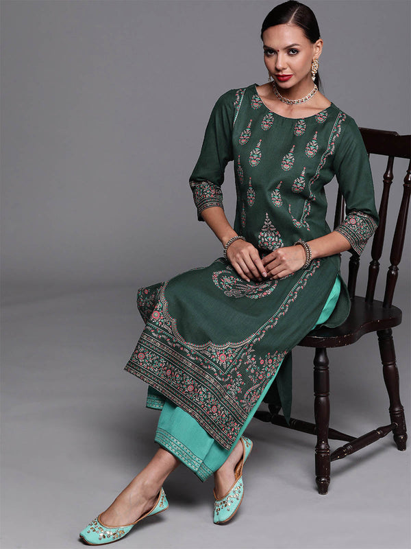 Women's Green Foil Printed Straight Kurta With Palazzo Set - Odette