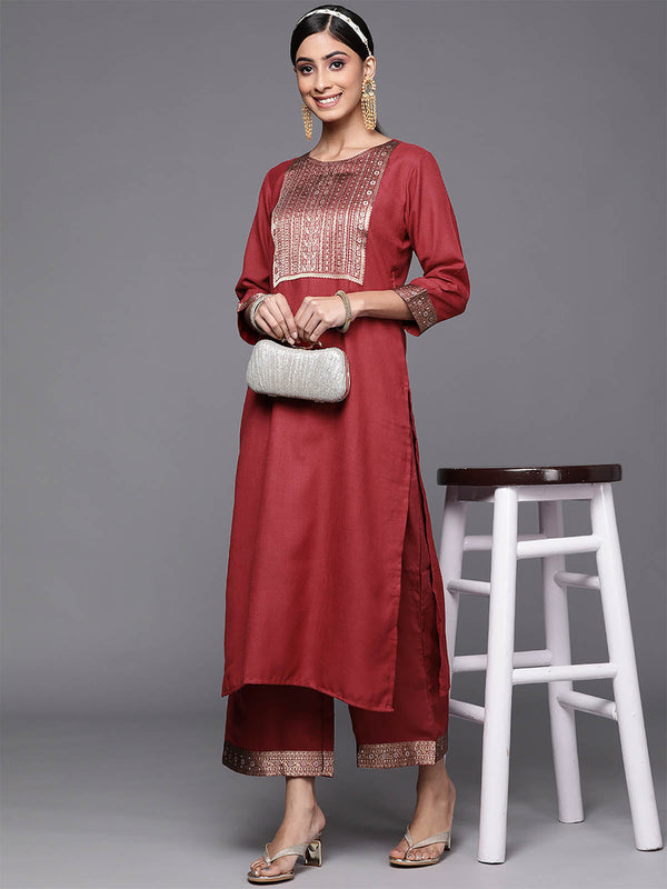 Women's Solid Maroon Straight Kurta Palazzo Set - Odette