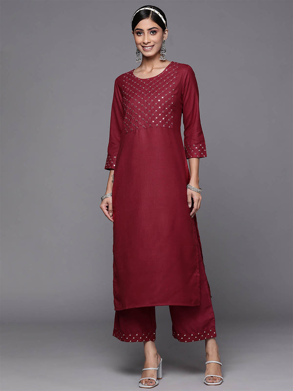 Women's Maroon Solid Straight Kurta Palazzo Set - Odette