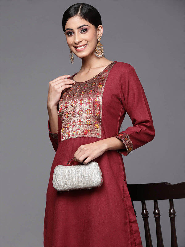 Women's Solid Maroon Straight Kurta Palazzo Set - Odette