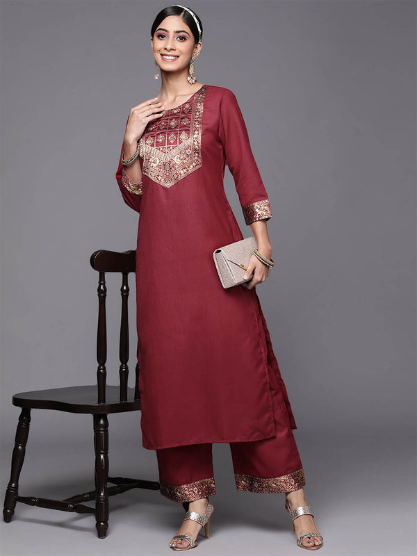 Women's Solid Maroon Straight Kurta Palazzo Set - Odette