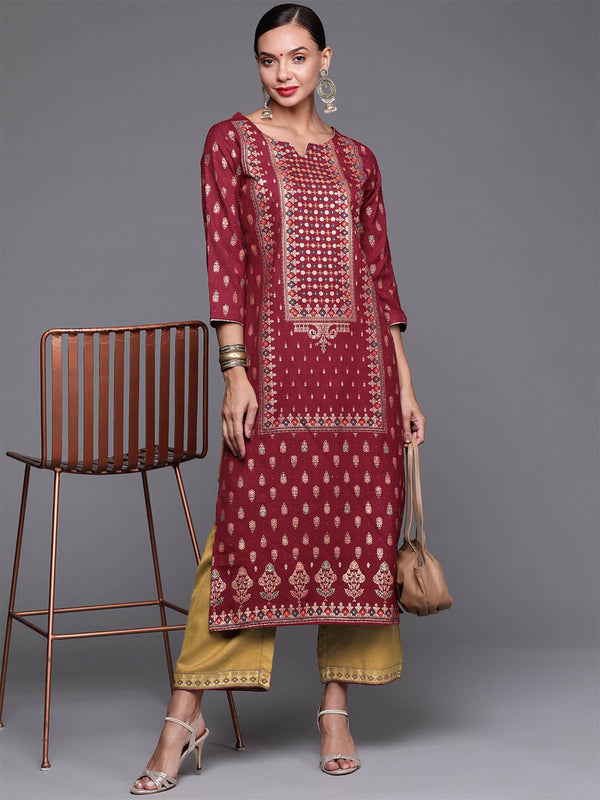 Women's Maroon Foil Printed Straight Kurta With Palazzo Set - Odette