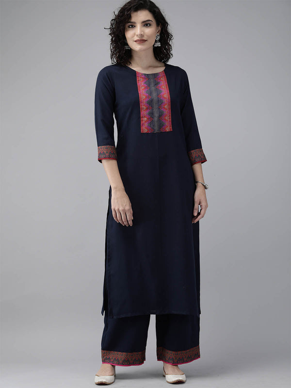 Women's Navy Blue Solid Straight Kurta Palazzo Set - Odette