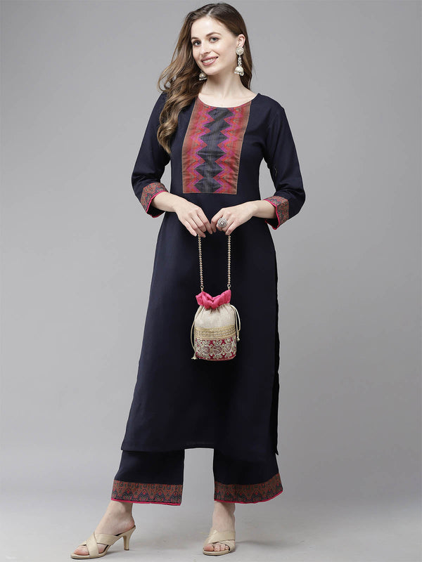 Women's Navy Blue Solid Straight Kurta Set - Odette