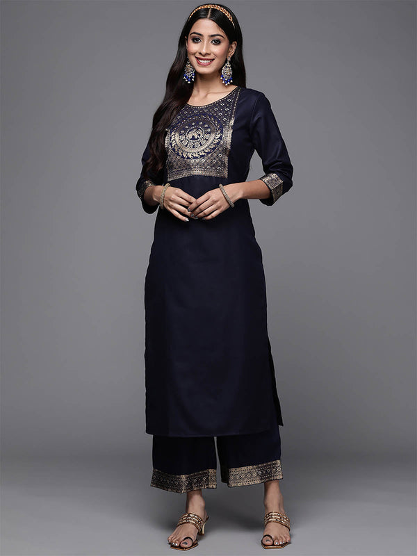 Women's Solid Navy Blue Straight Kurta Palazzo Set - Odette