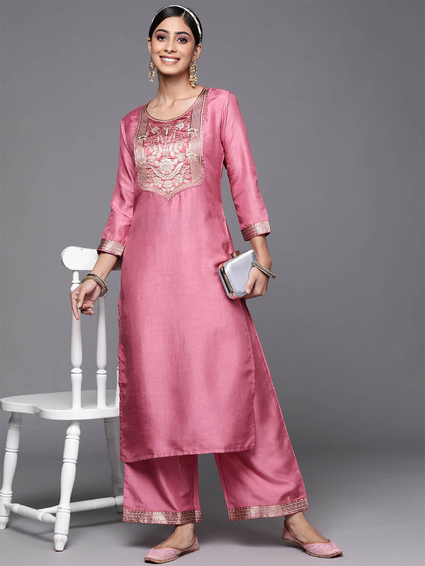 Women's Solid Pink Straight Kurta Palazzo Set - Odette