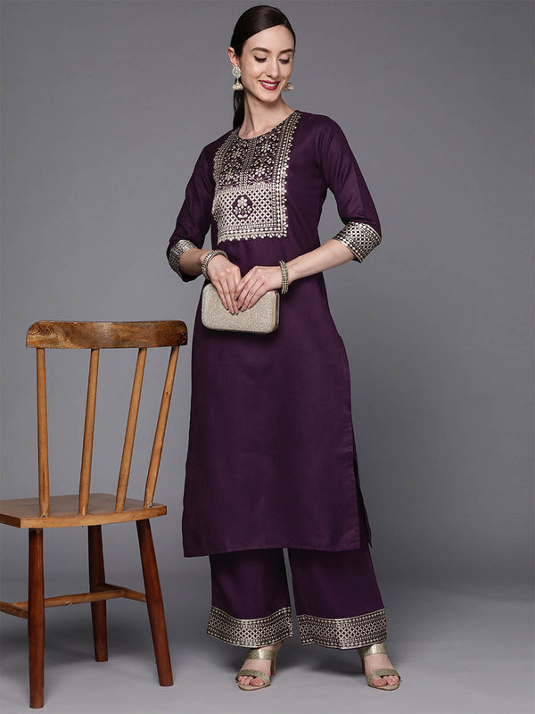 Women's Solid Wine Straight Kurta Palazzo Set - Odette