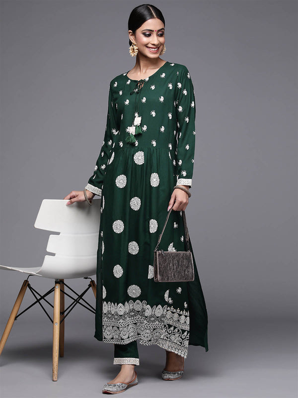 Women's Bottle Green Embroidered Straight Kurta With Trouser Set - Odette