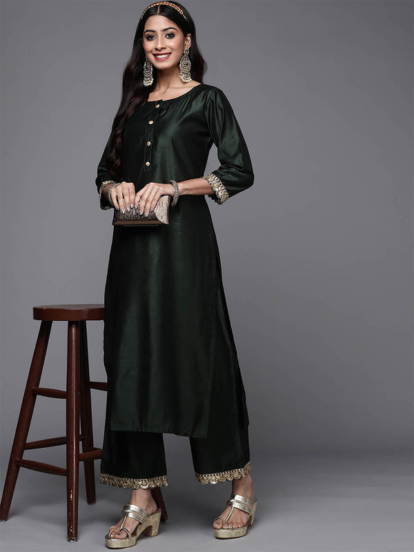 Women's Bottle Green Printed Straight Kurta Palazzo Set - Odette