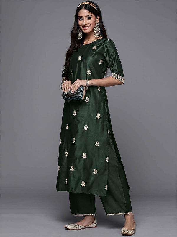 Women's Bottle Green Embroidered Straight Kurta Trouser Set - Odette