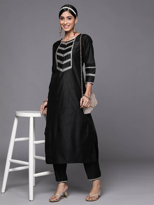 Women's Black Solid Straight Kurta Trouser Set - Odette