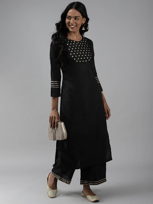 Women's Black Embroidered Straight Kurta Set - Odette