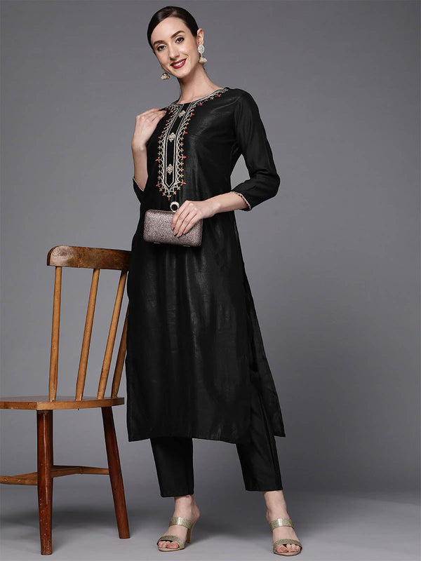 Women's Black Embroidered Straight Kurta Trouser Set - Odette