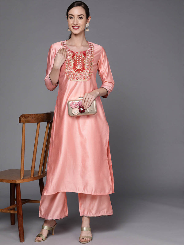 Women's Baby Pink Embroidered Straight Kurta Trouser Set - Odette