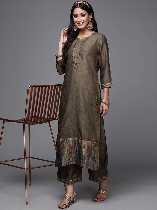 Women's Grey Solid Straight Kurta Palazzos Set - Odette