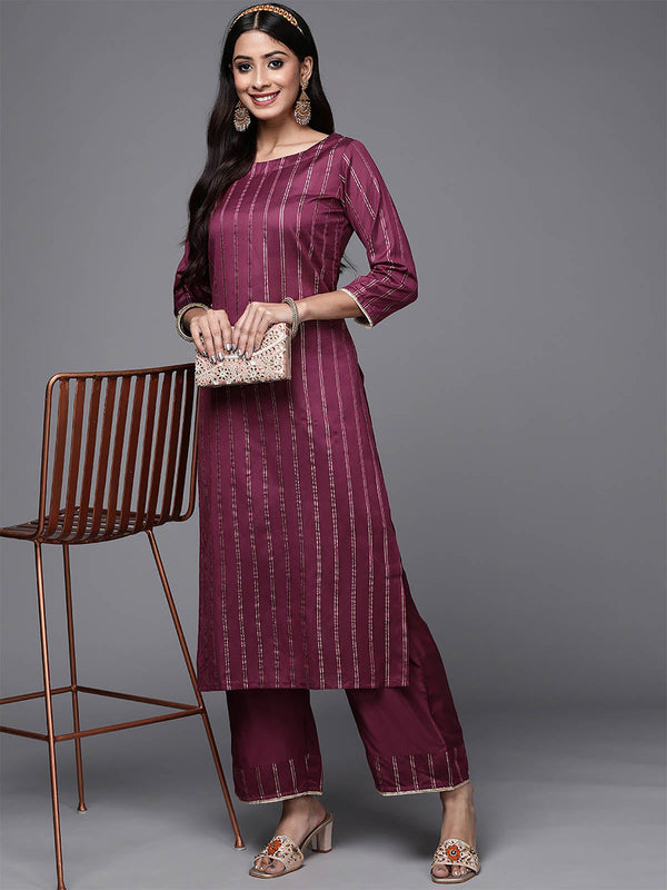 Women's Violet Solid Straight Kurta Palazzo Withdupatta Set - Odette