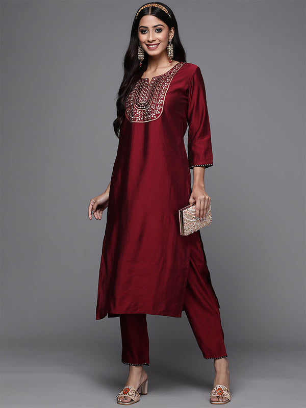 Women's Maroon Embroidered Straight Kurta Trouser Set - Odette