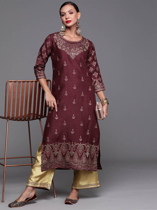 Women's Maroon Foil Printed Straight Kurta With Palazzo Set - Odette