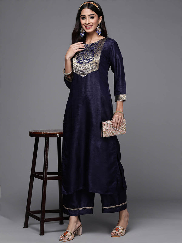 Women's Navy Blue Solid Straight Kurta Palazzo Set - Odette