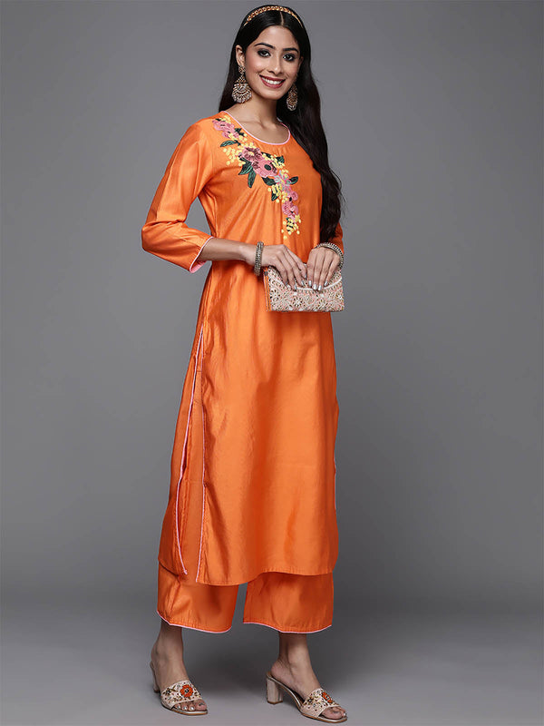 Women's Orange Embroidered Straight Kurta Palazzo Set - Odette