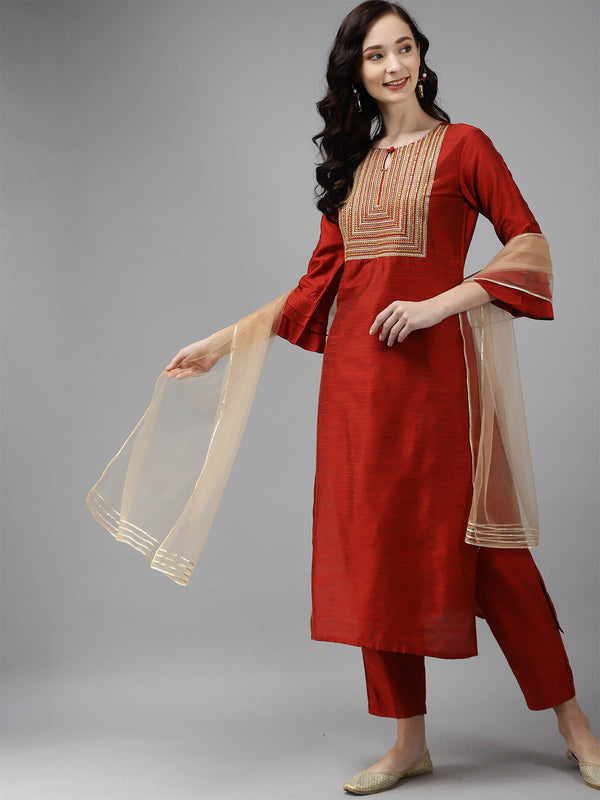 Women's Orange Embroidered Straight Kurta Set - Odette