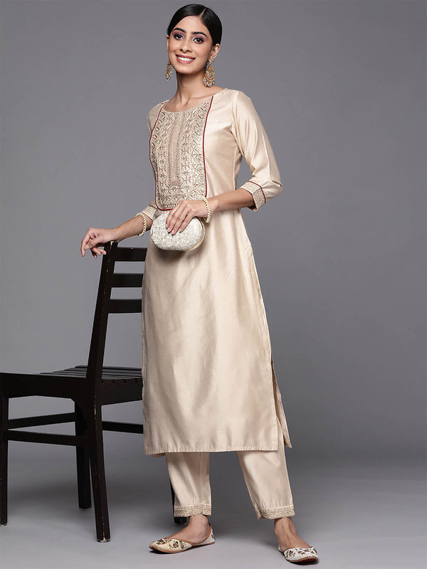 Women's Off White Embroidered Straight Kurta Trouser Set - Odette