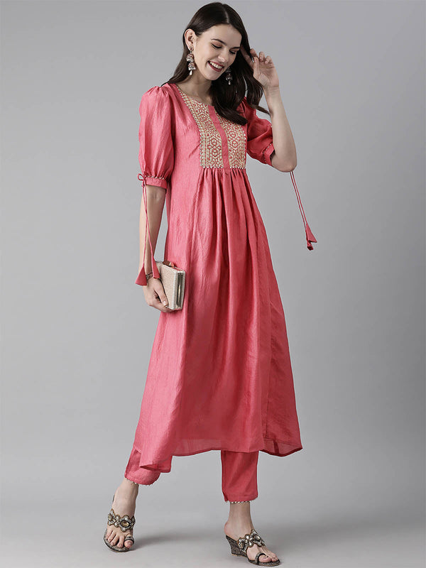 Women's Pink Solid A-line Kurta Trouser Set - Odette