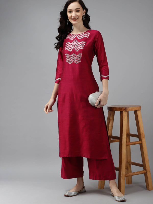 Women's Pink Embroidered Straight Kurta Set - Odette