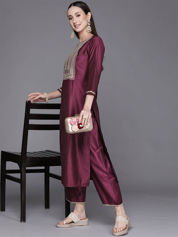 Women's Purple Embroidered Straight Kurta Trouser Set - Odette