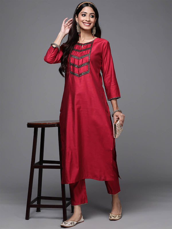 Women's Red Solid Straight Kurta Trouser Set - Odette