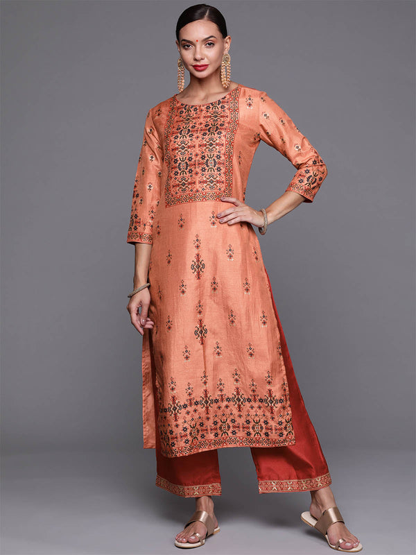 Women's Rust Foil Printed Straight Kurta With Palazzo Set - Odette