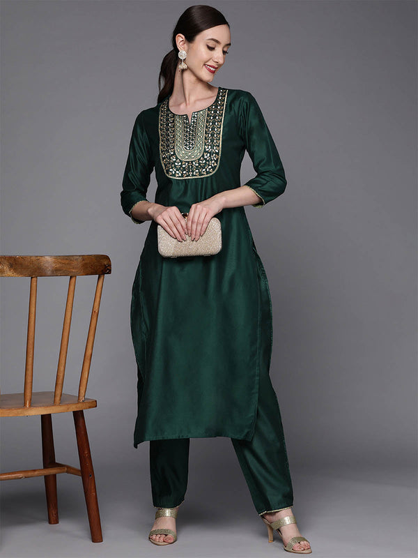 Women's Teal Embroidered Straight Kurta Trouser Set - Odette