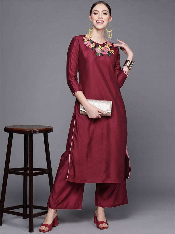 Women's Maroon Embroidered Straight Kurta Set - Odette