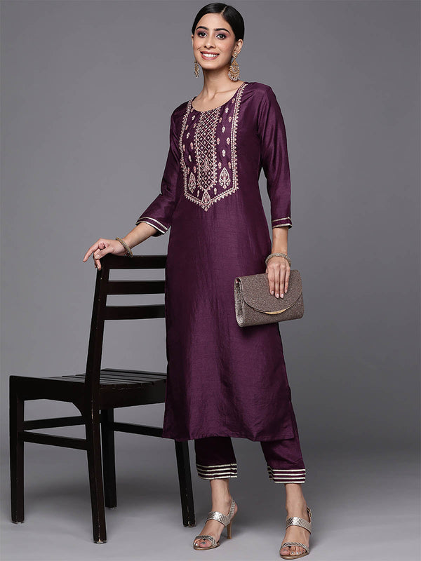 Women's Violet Solid Straight Kurta Palazzo Set - Odette