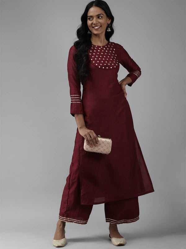 Women's Maroon Embroidered Straight Kurta Set - Odette