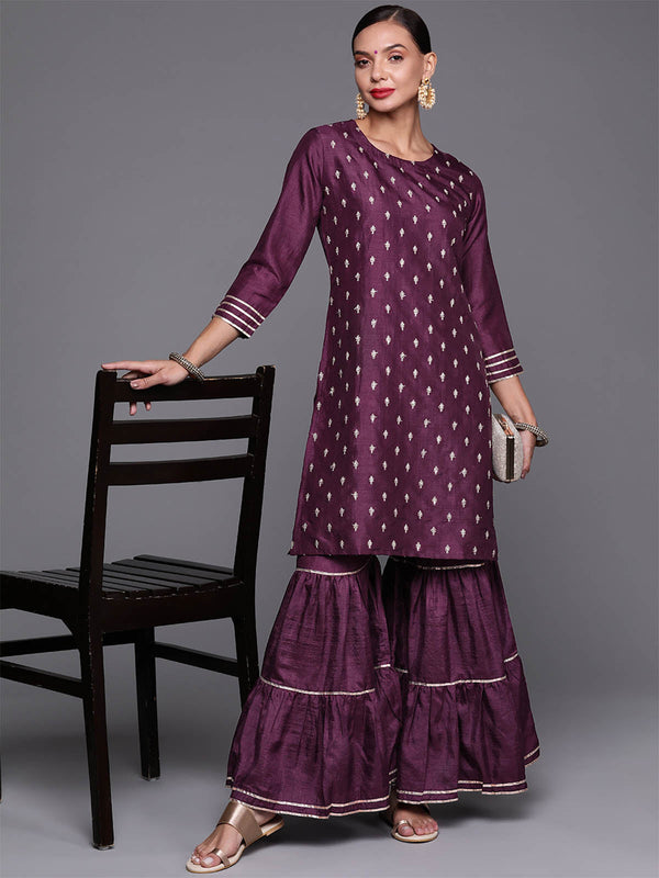 Women's Violet Embroidered Straight Kurta With Sharara Set - Odette