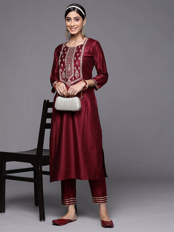 Women's Maroon Embroidered Straight Kurta Trouser Set - Odette