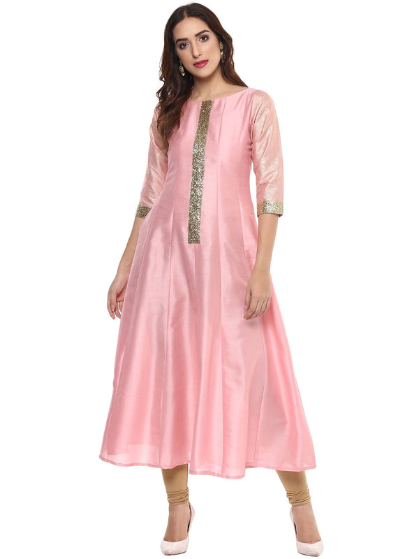 Pink Poly Silk Gold Foil Print Kurta