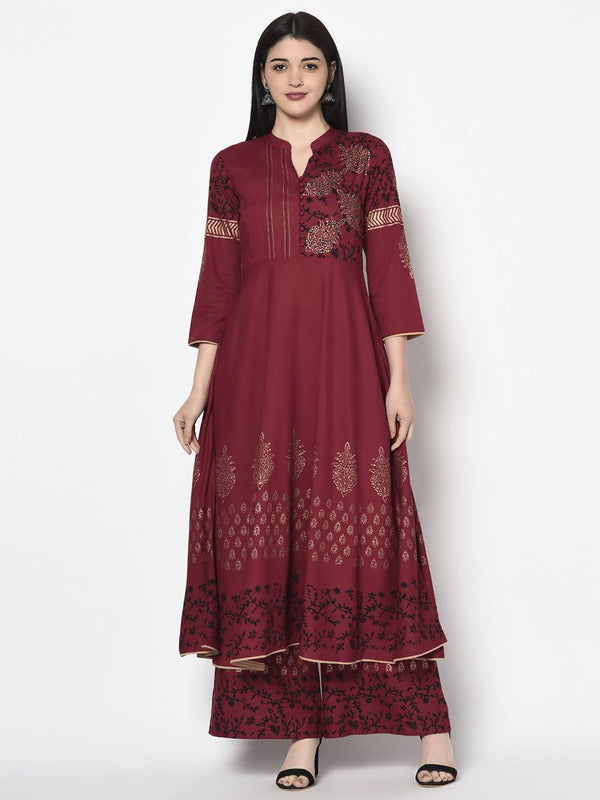 Women's Maroon Anarkali Kurta with Palazzo set by Aniyah- (2pcs set)