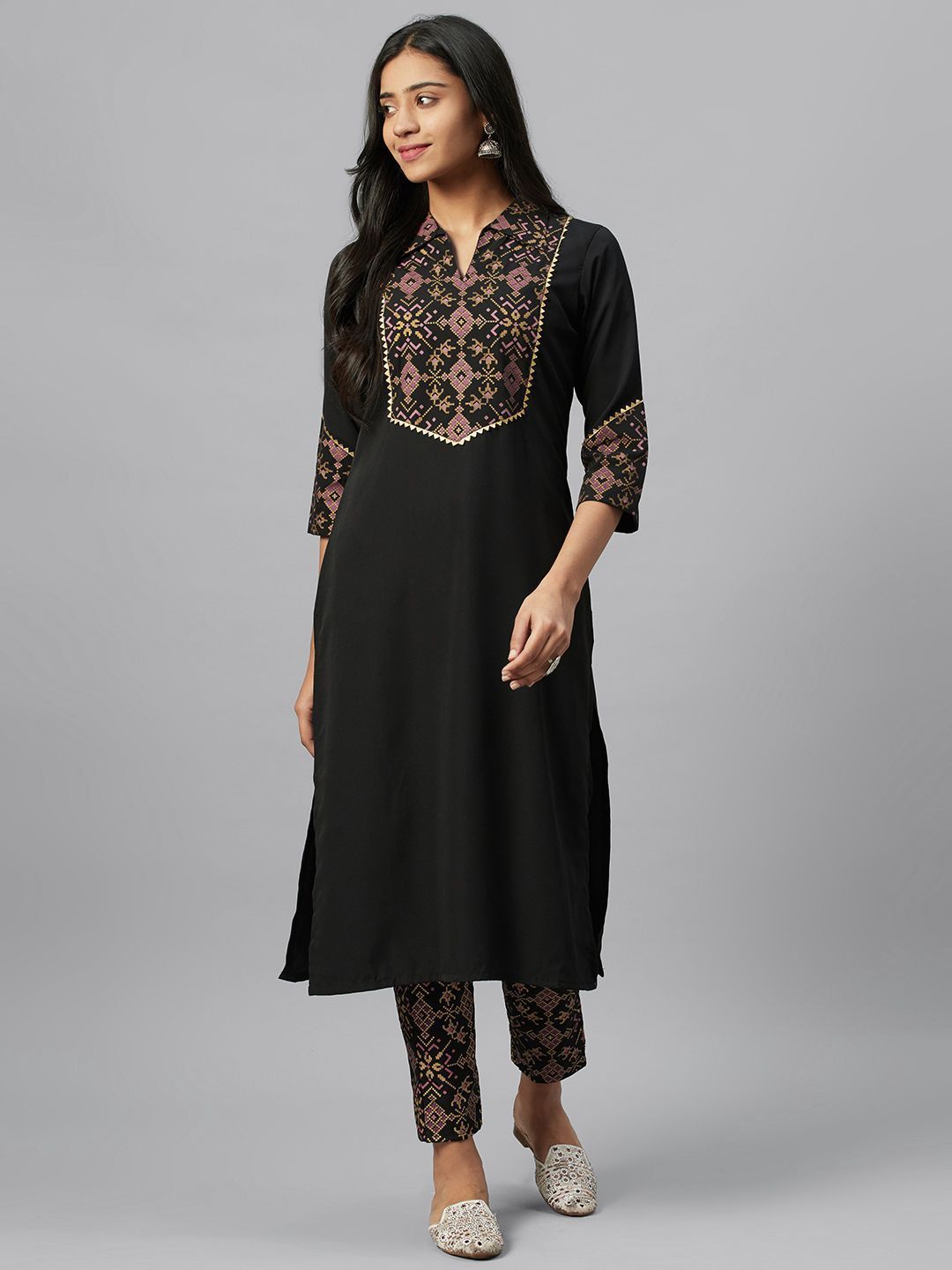 Women's Black Printed Kurta With Pant Set by Ziyaa- (2pcs set)