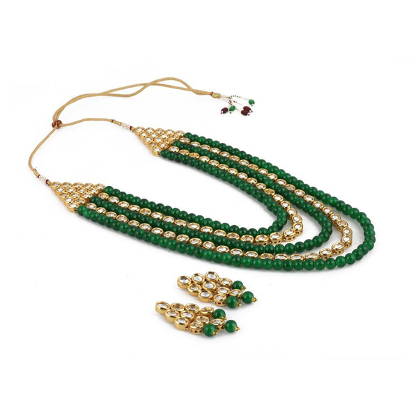 Women's gold plated kundan beads multi strand necklace set with earrings ij318pi - I Jewels