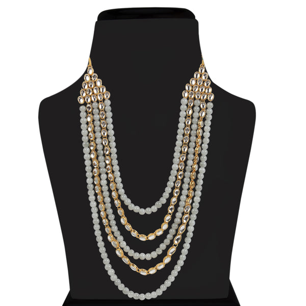 Women's gold plated kundan beads multi strand necklace set with earrings ij318pi - I Jewels